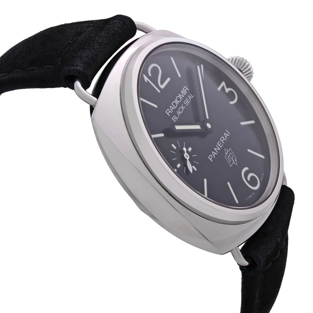 An image of a pre-owned Officine Panerai men's wristwatch in a side profile view opposite of the crown, positioned at a slight angle to showcase the cushion-shaped stainless steel case and the black leather band. The watch displays a black dial with luminous hands and a small seconds subdial, indicating its dress/formal, luxury style. Visible from this view is the side of the case, the curvature of the cushion shape, and the leather strap extending from the top and bottom of the case. The distance is close enough to clearly read the text "RADIOMIR BLACKSEAL" and "PANERAI" on the dial, as well as to see the texture of the leather strap.