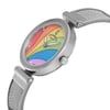An image of a pre-owned wristwatch in a side profile view with the crown clearly visible. The watch features a colorful dial with a rainbow pattern and silver-tone hands. The case and mesh band are made of shiny metal, and the angle highlights the watch’s sleek design. The image is taken at a moderate distance, showcasing the details and craftsmanship of the timepiece.