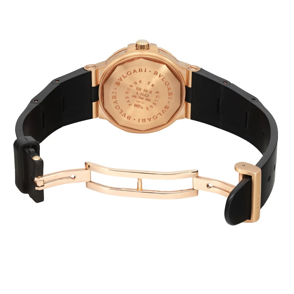 Back View Of Screwback Back Case And Open Gold,Rubber Band Of Bvlgari SD 38 G Watch Pre Owned Condition
