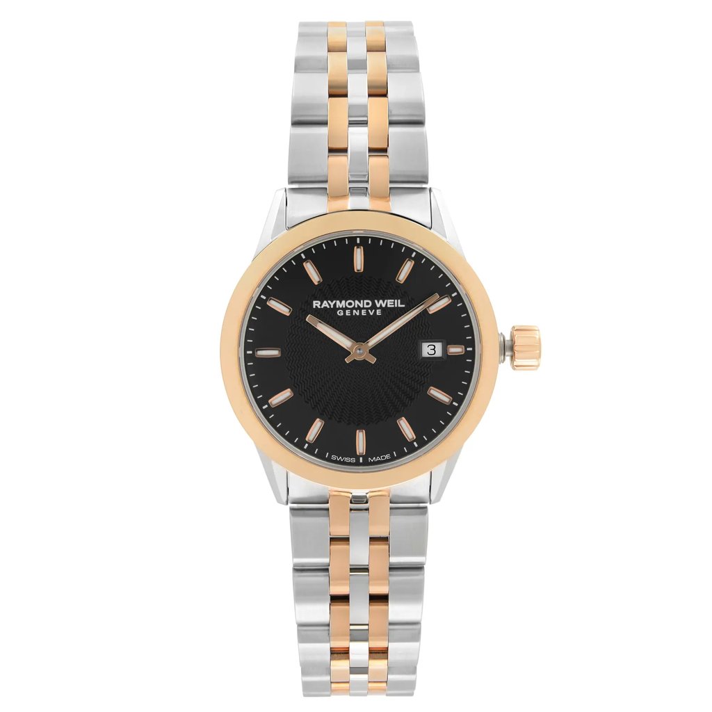 An image of a Wristwatch by RAYMOND WEIL. This Display Model item is designed for Women, featuring a Dress/Formal style. It has a Quartz movement and an Analog display with a Black dial color. The indices include 12-Hour Dial,Non-Numeric Hour Marks,Stick Indexes. The band is made of Stainless Steel and the case is made of Stainless Steel. The watch has a Round shape with a case size of 29 mm and a case thickness of 9 mm.