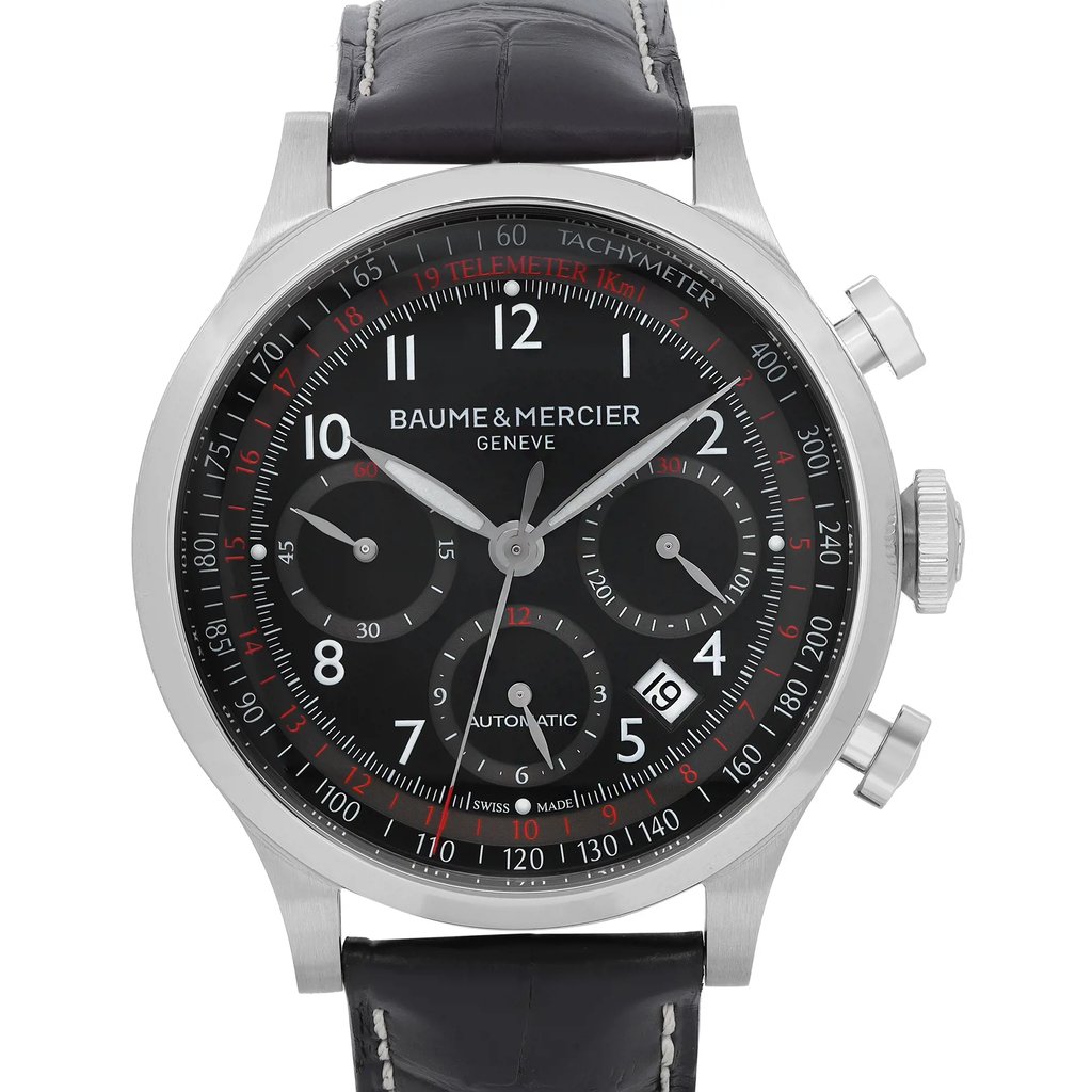 An image of a Wristwatch by Baume & Mercier. This Display Model item is designed for Men, featuring a Dress/Formal style. It has a Mechanical (Automatic) movement and an Analog display with a Black dial color. The indices include 12-Hour Dial,Arabic Numerals,Multi Dial. The band is made of Leather and the case is made of Stainless Steel. The watch has a Round shape with a case size of 42 mm and a case thickness of 15 mm.