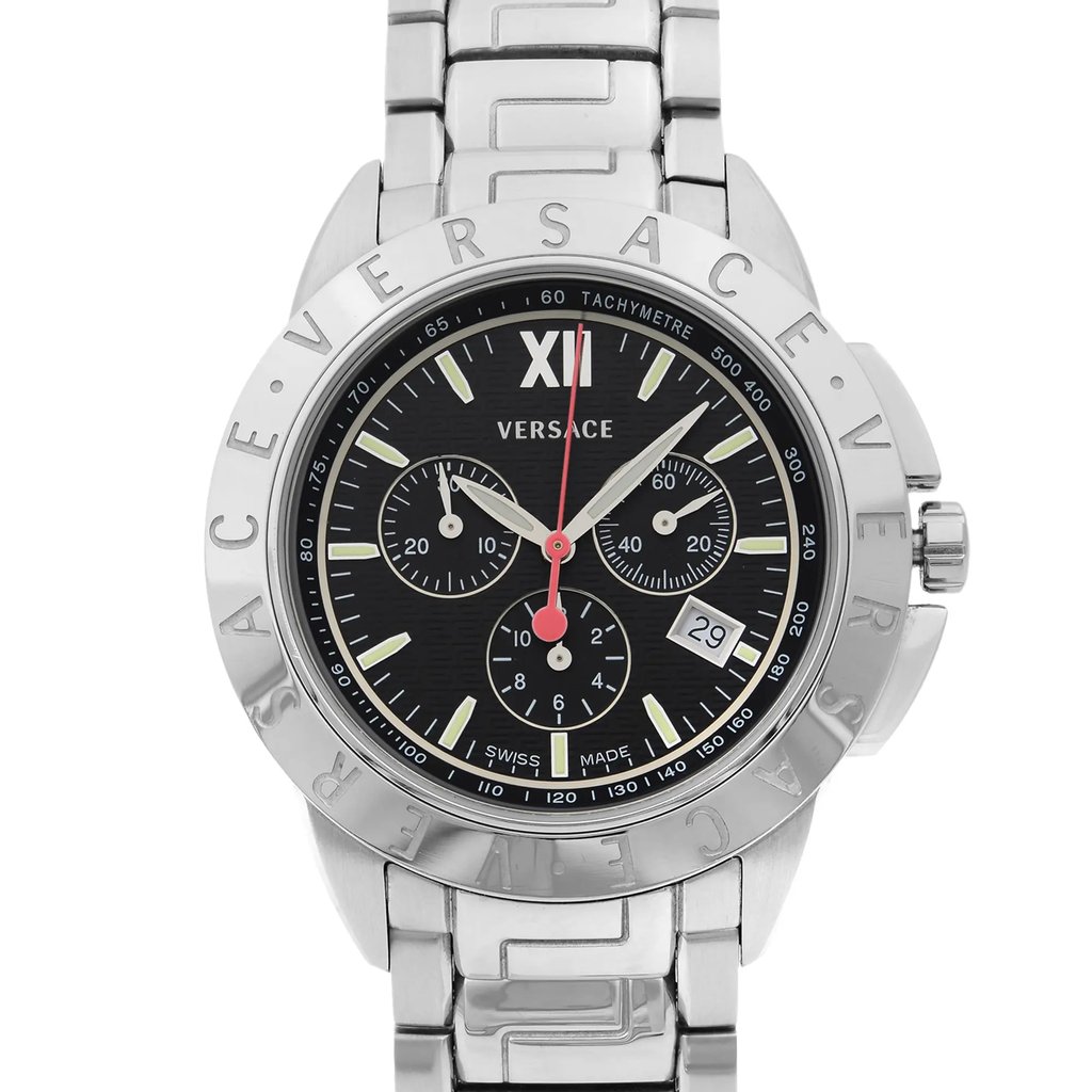 Up Close Front Facing Picture Of Versace 12C99D009S099 Stainless Steel Watch Pre Owned Condition