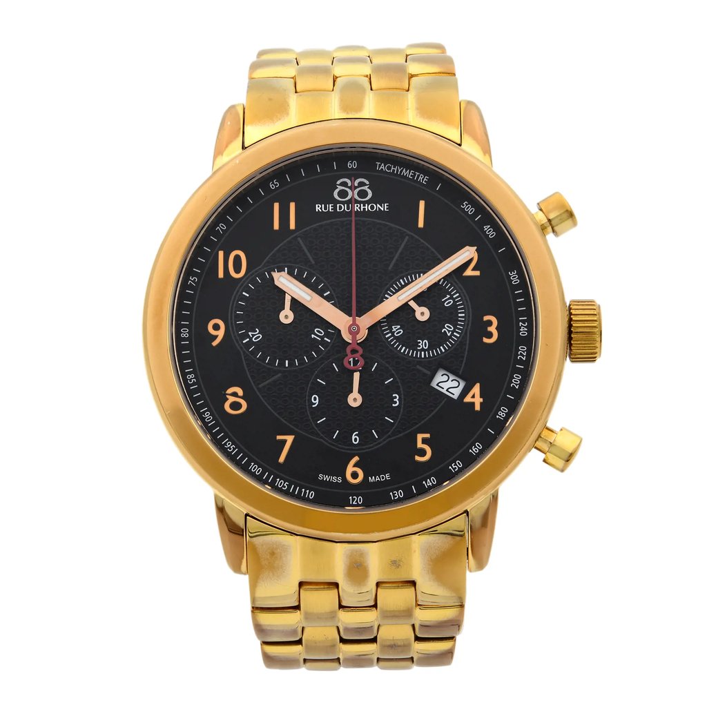 An image of a Wristwatch by 88 Rue Du. This Pre Owned item is designed for Men, featuring a Classic,Dress/Formal style. It has a Quartz movement and an Analog display with a Black dial color. The indices include 12-Hour Dial,Arabic Numerals,Multi Dial,Seconds Hand. The band is made of Rose Gold Plated,Stainless Steel and the case is made of Rose Gold Plated,Stainless Steel. The watch has a Round shape with a case size of 42 mm and a case thickness of 10 mm.