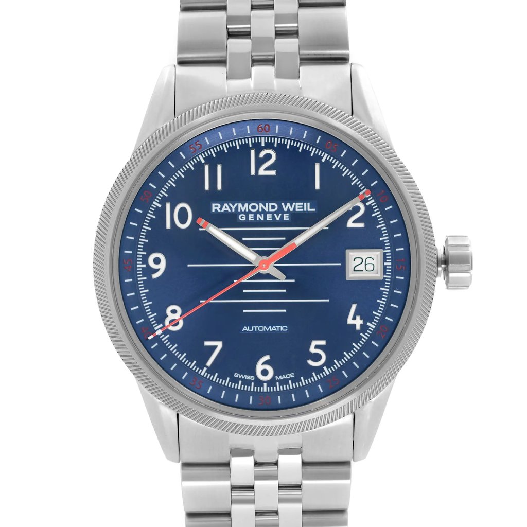 Up Close Front Facing Picture Of RAYMOND WEIL 2754-ST-05500 Stainless Steel Watch Unworn Condition