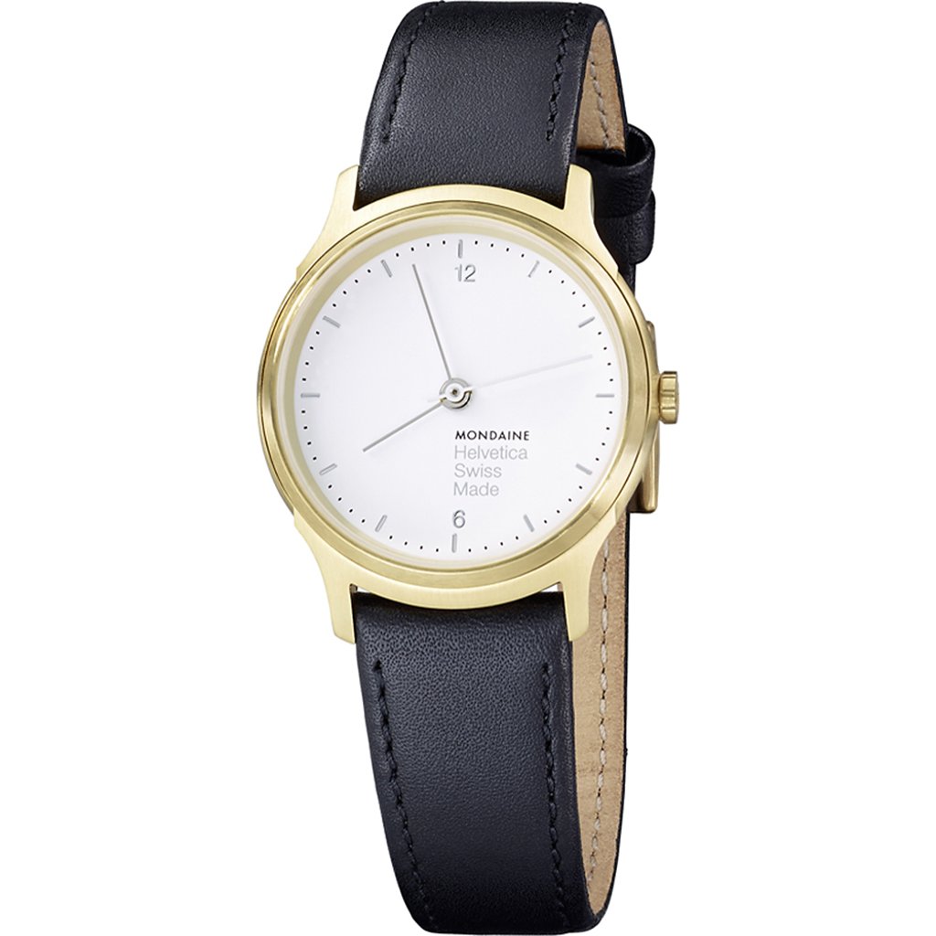 An image of a Wristwatch by Mondaine. This Display Model item is designed for Women, featuring a Casual,Classic,Dress/Formal style. It has a Quartz movement and an Analog display with a White dial color. The indices include 12-Hour Dial,Stick Indexes. The band is made of Leather and the case is made of Stainless Steel. The watch has a Round shape with a case size of 26 mm and a case thickness of 6 mm.