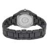 An image of a wristwatch taken from the back view, showcasing the closed clasp. The watch is a display model, featuring a sleek metal link bracelet. The angle is slightly elevated, capturing the full back casing of the watch, while the distance is close enough to reveal detailed engravings on the case back.