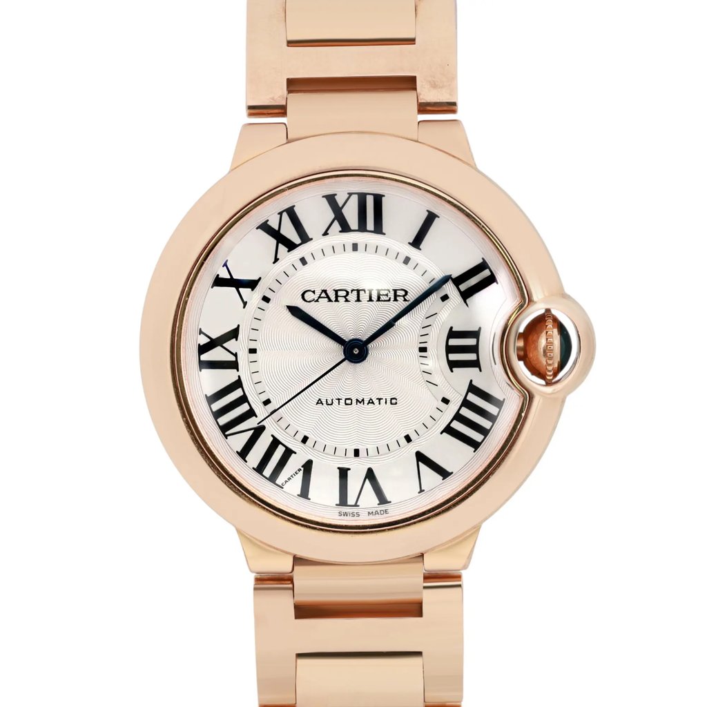 Up Close Front Facing Picture Of Cartier W69004Z2 Rose Gold Watch Pre Owned Condition