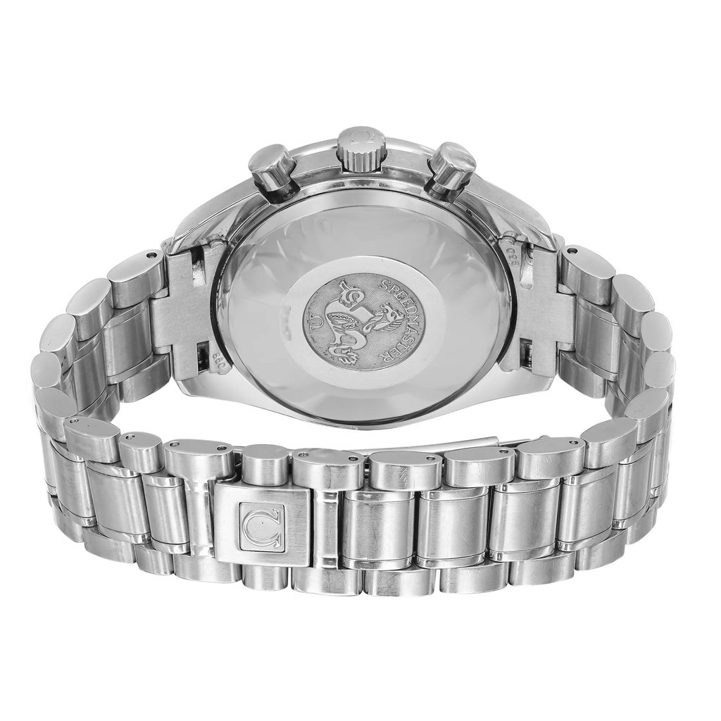 An image of a pre-owned wristwatch showing the back view and closed clasp. The watch is positioned centrally, with a focus on the metal bracelet and the engraved design on the case back. The angle slightly tilts downward, capturing the watch from a close distance to highlight the details of the clasp and links.