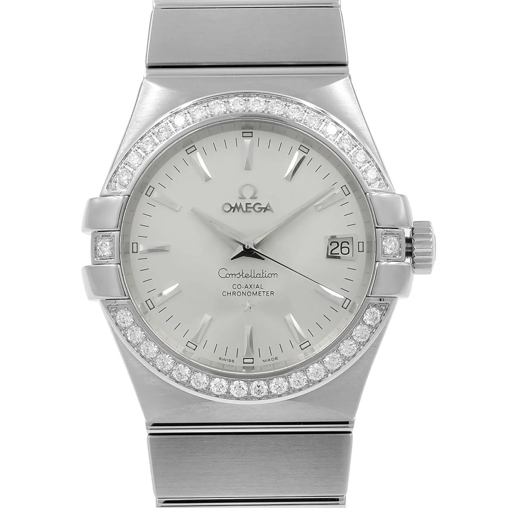 Up Close Front Facing Picture Of OMEGA 123.15.35.20.02.001 Stainless Steel Watch New Without Tags Condition