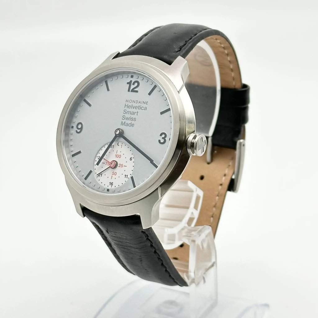 Up Close Front Facing Picture Of Mondaine MH1.B2S80.LB Stainless Steel Watch Display Model Condition