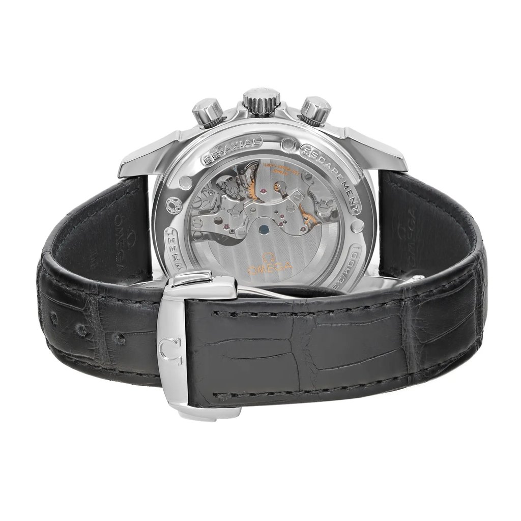 Back View Of Exhibition Back Case And Closed Leather Band Of OMEGA 4850.50.31 Watch Pre Owned Condition
