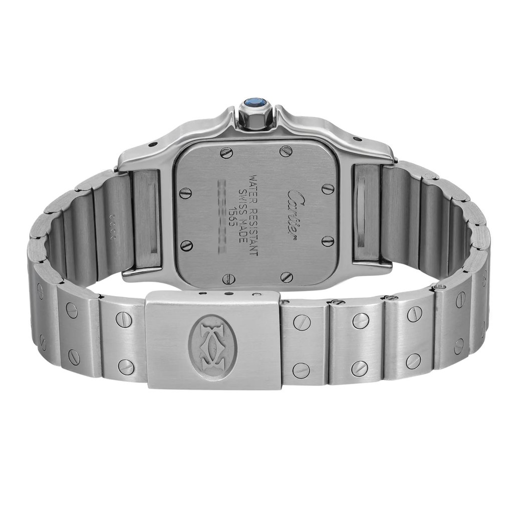 An image of a pre-owned Cartier women's wristwatch shown from the back view with the clasp closed. The watch is positioned centrally and shot straight-on at eye-level, allowing for a clear view of the square stainless steel caseback with a screwback mechanism and the brand's signature engraved. The stainless steel band features a double-locking fold-over clasp, also prominently displayed. The image is a close-up, capturing the details of the watch design and construction with high resolution.