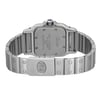 An image of a pre-owned Cartier women's wristwatch shown from the back view with the clasp closed. The watch is positioned centrally and shot straight-on at eye-level, allowing for a clear view of the square stainless steel caseback with a screwback mechanism and the brand's signature engraved. The stainless steel band features a double-locking fold-over clasp, also prominently displayed. The image is a close-up, capturing the details of the watch design and construction with high resolution.