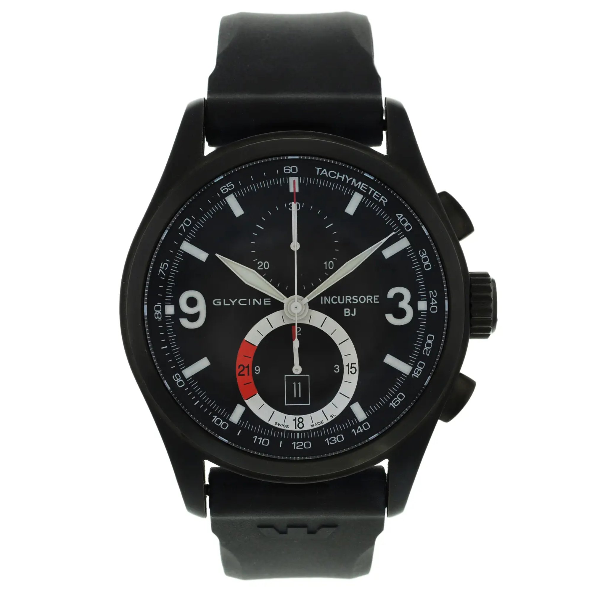 An image of a Wristwatch by Glycine. This Display Model item is designed for Men, featuring a Sport style. It has a Mechanical (Manual) movement and an Analog display with a Black dial color. The indices include Multi Dial,Sticks & Numerals. The band is made of Silicon/Rubber and the case is made of Stainless Steel. The watch has a Round shape with a case size of 46 mm and a case thickness of 14 mm.