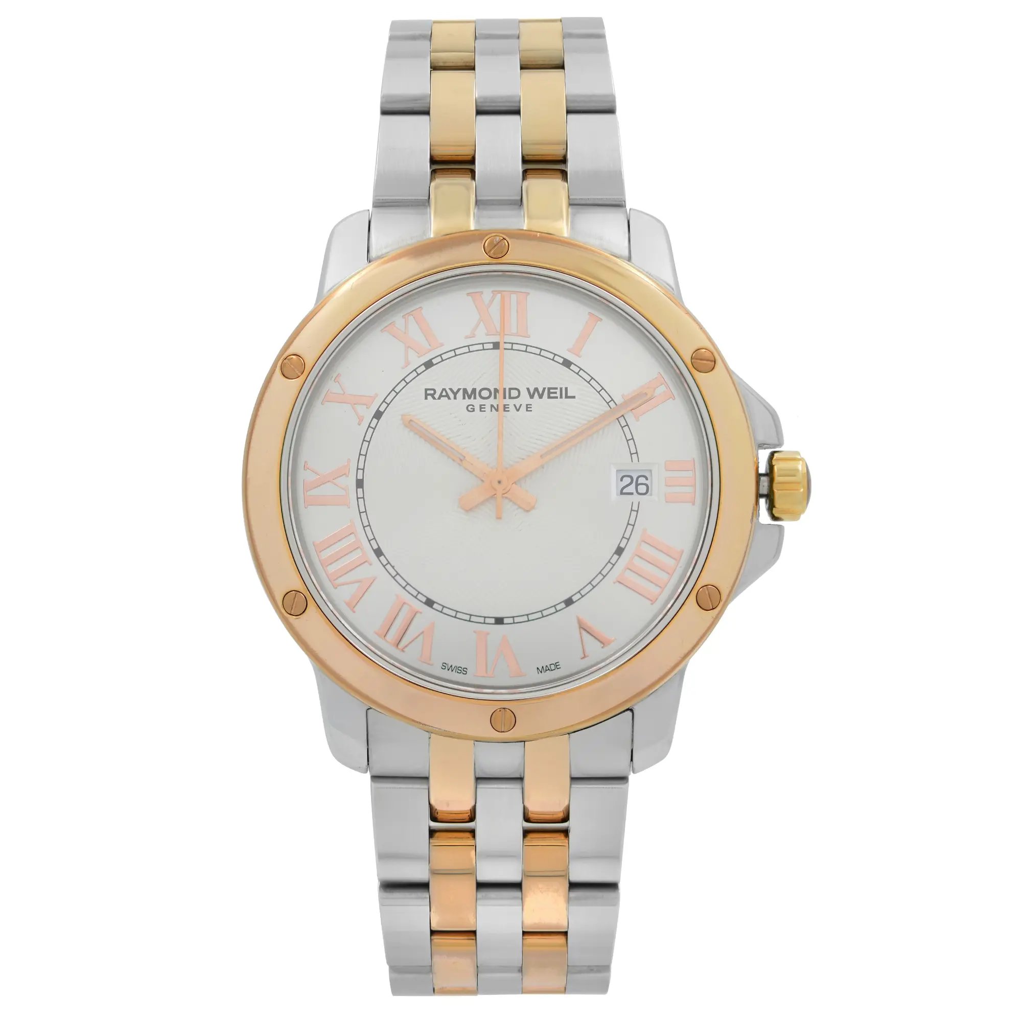 An image of a Wristwatch by RAYMOND WEIL. This Pre Owned item is designed for Men, featuring a Dress/Formal style. It has a Quartz movement and an Analog display with a Silver dial color. The indices include 12-Hour Dial,Easy to Read/Large Numerals,Roman Numerals. The band is made of Stainless Steel and the case is made of Stainless Steel. The watch has a Round shape with a case size of 39 mm and a case thickness of 8 mm.