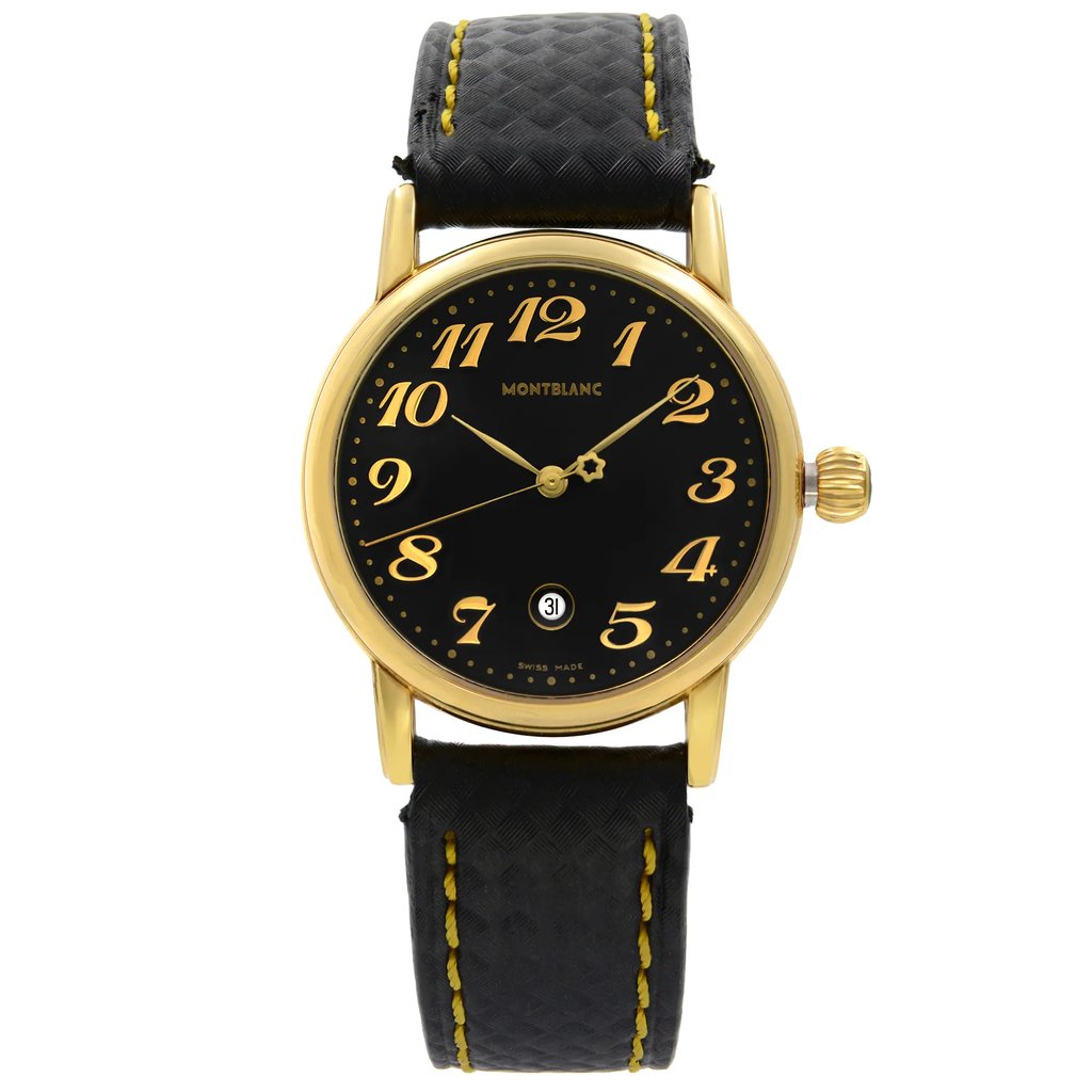 An image of a pre-owned Montblanc women's wristwatch presented in a front full frontal view. The watch has a round stainless steel case with a gold tone, showing micro scratches consistent with use. It features a black dial with Arabic numerals and a date indicator at the 3 o'clock position. The hands are also in a gold tone. The band is made of leather with a quilted design and contrasting stitching. The watch is styled for dress/formal occasions and is classified in good condition.