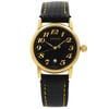 An image of a pre-owned Montblanc women's wristwatch presented in a front full frontal view. The watch has a round stainless steel case with a gold tone, showing micro scratches consistent with use. It features a black dial with Arabic numerals and a date indicator at the 3 o'clock position. The hands are also in a gold tone. The band is made of leather with a quilted design and contrasting stitching. The watch is styled for dress/formal occasions and is classified in good condition.