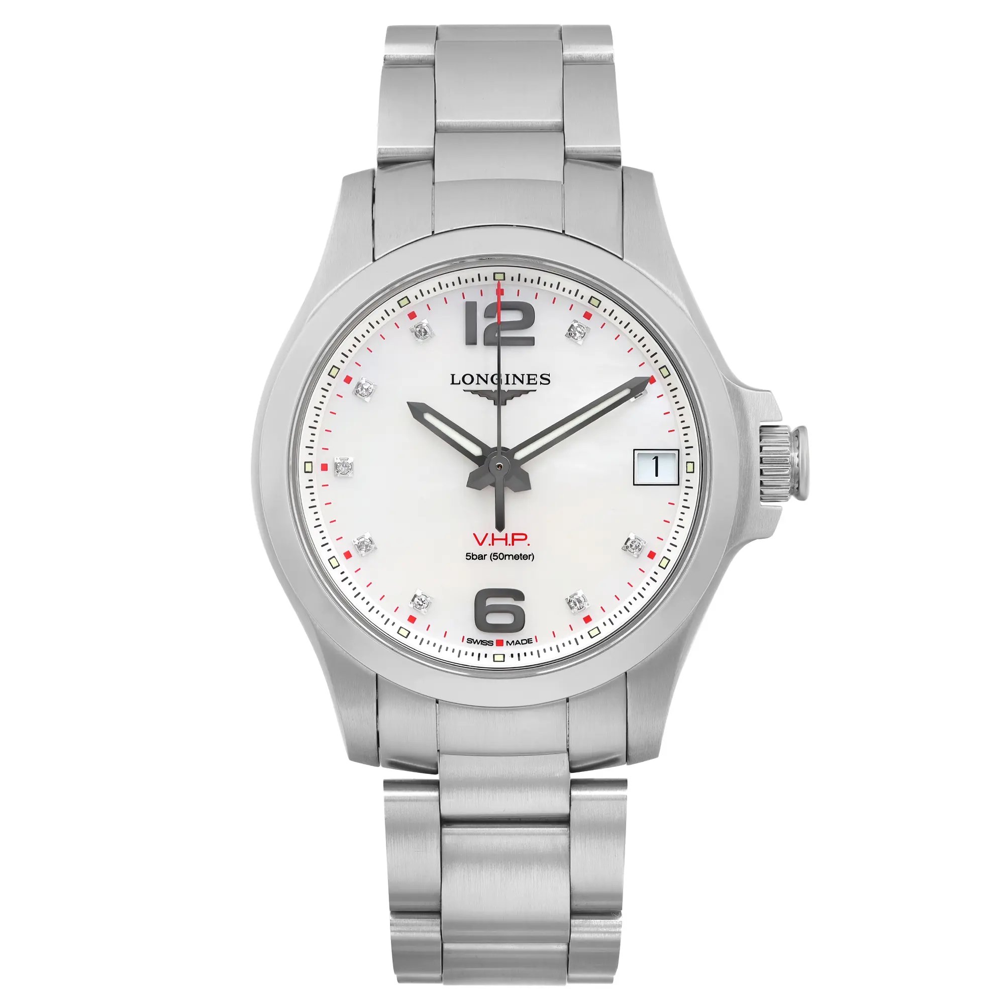 An image of a pre-owned Longines women's wristwatch in excellent condition featuring a full frontal view. The watch has a round stainless steel case and a stainless steel band. It is positioned straight on with the camera angle centered and parallel to the face, offering a clear view from a close distance. The dial is white with a mother of pearl pattern, diamond markers at the hour positions, and a gray bezel. The watch has a 12-hour dial with the Longines logo and V.H.P. text, indicating very high precision, at the center beneath the 12 o'clock position. A date window is visible at the 3 o'clock position.