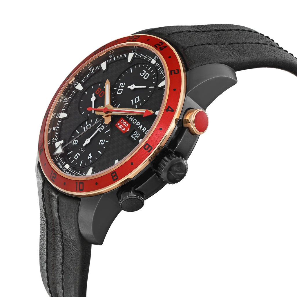 An image of a Wristwatch by Chopard. This Pre Owned item is designed for Men, featuring a Dress/Formal style. It has a Mechanical (Automatic) movement and an Analog display with a Black dial color. The indices include 12-Hour Dial,Arrow Markers,Seconds Hand. The band is made of Leather and the case is made of Stainless Steel. The watch has a Round shape with a case size of 42 mm and a case thickness of 15 mm.