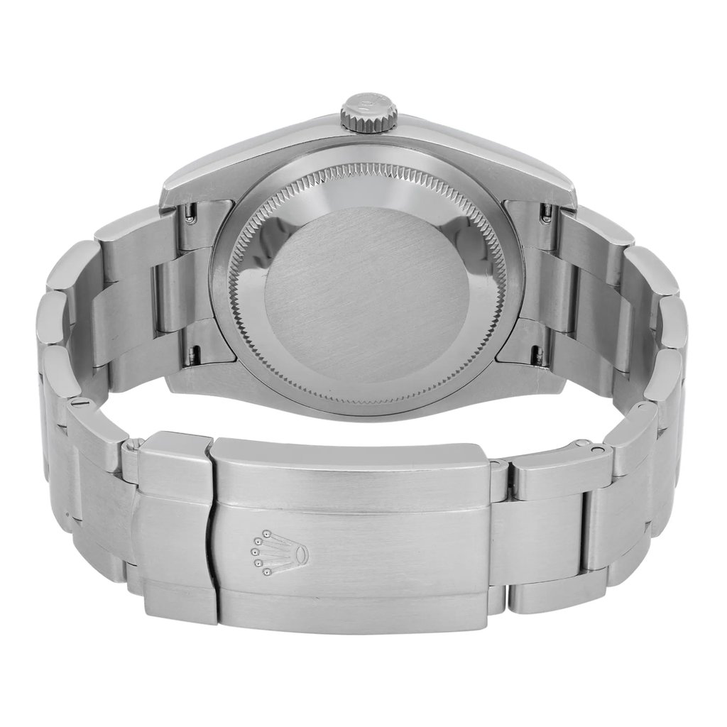 An image of a pre-owned wristwatch showcasing the back view. The watch has a metal bracelet and a closed clasp, prominently displaying a logo on the clasp. The watch is positioned upright, with the camera angle directly facing the back, capturing the details of the bracelet and case at a close distance.
