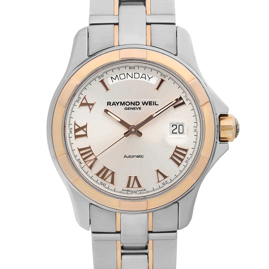 Up Close Front Facing Picture Of RAYMOND WEIL 2965-SG5-00658 Stainless Steel Watch Pre Owned Condition