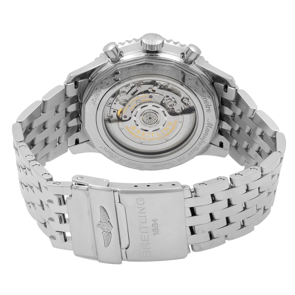 Back View Of Exhibition Back Case And Closed Stainless Steel Band Of Breitling AB012721/CA05-453A Watch Pre Owned Condition