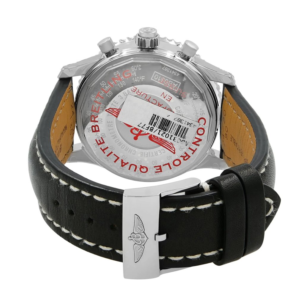 Back View Of {Caseback} Back Case And Closed Leather Band Of Breitling AB031021/BF77-441X Watch Display Model Condition