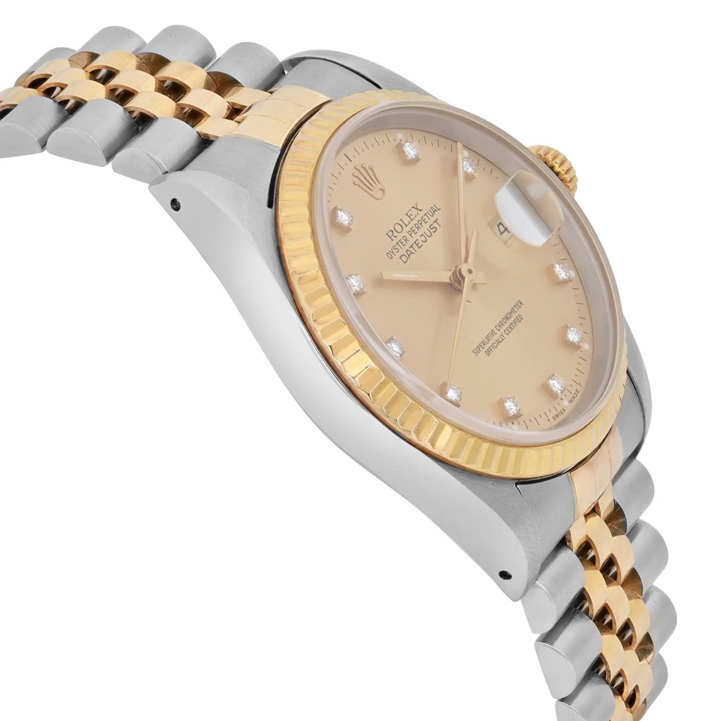 An image of a pre-owned men's Rolex wristwatch, displayed at a close angle from the side. The watch features a two-tone metal bracelet with gold and stainless steel links. The face is beige with diamond hour markers and includes a date indicator under a magnifying lens. The bezel is gold, complementing the watch's elegant design.