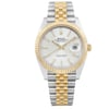 An image of an unworn Rolex men's wristwatch, presented in a front full frontal view. The luxury watch features a round case made of stainless steel with a yellow gold bezel. It has a silver dial with gold-toned and luminous hour markers and hands, and a date display at the 3 o'clock position. The two-tone band combines yellow gold and stainless steel in a linked bracelet style. The perspective is head-on, showing the watch face and band clearly and in detail, positioned centrally in the frame against a neutral background.