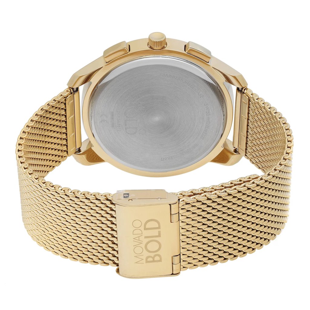 An image of a Wristwatch by Movado. This Pre Owned item is designed for Men, featuring a Casual style. It has a Quartz movement and an Analog display with a Gold dial color. The indices include 12-Hour Dial,Non-Numeric Hour Marks,Stick Indexes. The band is made of Stainless Steel and the case is made of Stainless Steel. The watch has a Round shape with a case size of 42 mm and a case thickness of 10 mm.