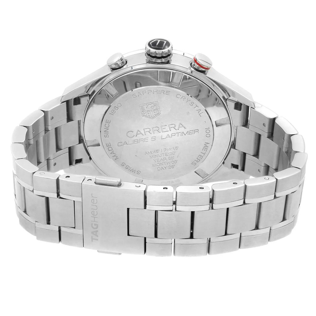 Back View Of {Caseback} Back Case And Closed Stainless Steel Band Of TAG Heuer CV7A10.BA0795 Watch Pre Owned Condition