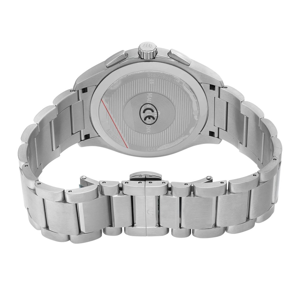 An image of a Wristwatch by Maurice Lacroix. This Unworn item is designed for Men, featuring a Sport style. It has a Quartz movement and an Analog display with a Silver dial color. The indices include 12-Hour Dial,Non-Numeric Hour Marks,Stick Indexes. The band is made of Stainless Steel and the case is made of Stainless Steel. The watch has a Round shape with a case size of 41 mm and a case thickness of 10 mm.