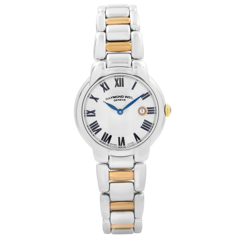 An image of a Wristwatch by RAYMOND WEIL. This Unworn item is designed for Women, featuring a Luxury style. It has a Quartz movement and an Analog display with a Silver dial color. The indices include 12-Hour Dial,Roman Numerals. The band is made of Stainless Steel and the case is made of Stainless Steel. The watch has a Round shape with a case size of 29 mm and a case thickness of 8 mm.
