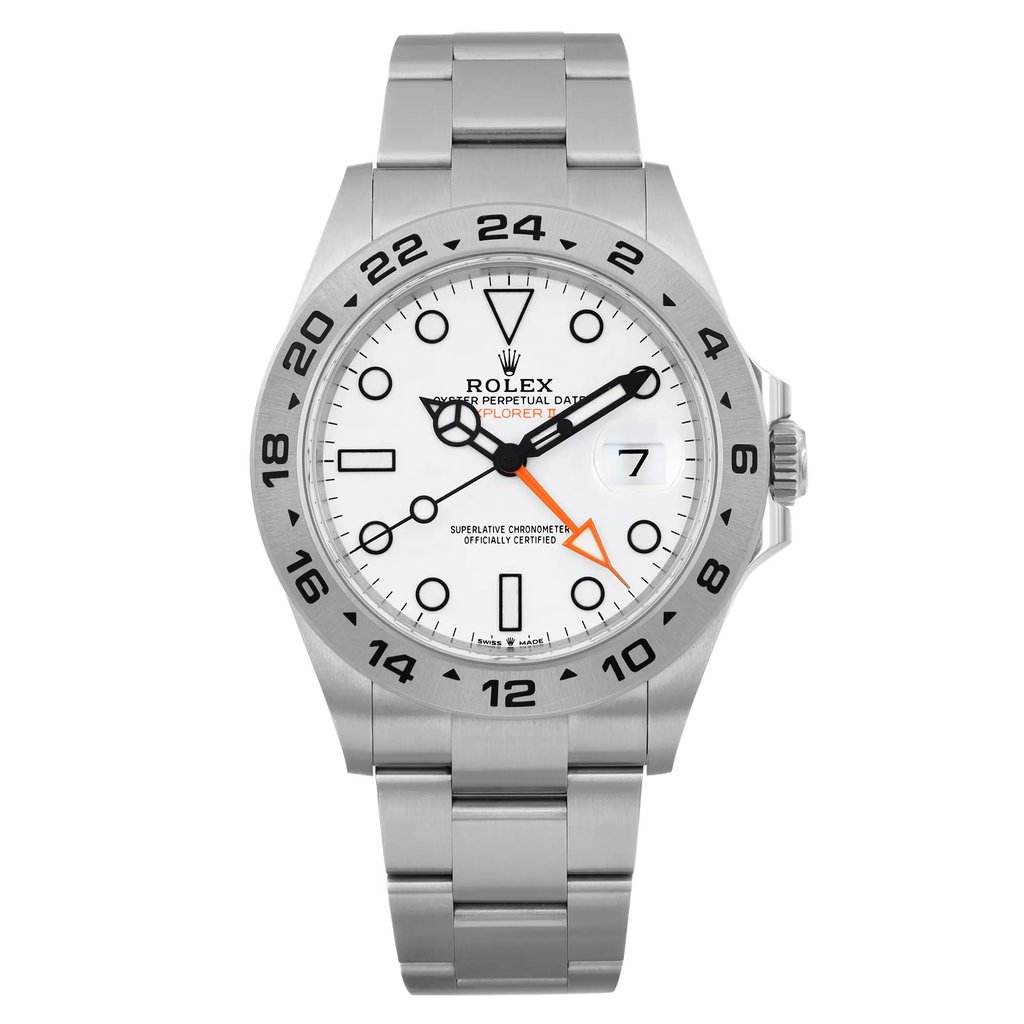 An image of a pre-owned wristwatch displayed from a front full-frontal view. The watch features a stainless steel band and a white dial with black markers and hands, complemented by an orange hand. The bezel is marked with 24-hour numerals. The crown is visible on the right side.