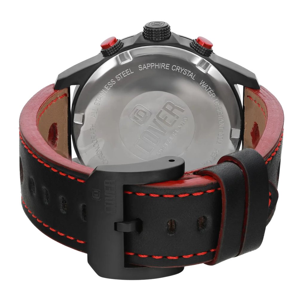 An image of a men's unworn COVER wristwatch, viewed from the back. The angle showcases the stainless steel case back with engraved details, including the brand name and specifications such as water resistance. The watch features a black leather strap with red stitching, and the buckle is prominently displayed in the foreground. The image is taken from a close distance, highlighting the craftsmanship and design elements.