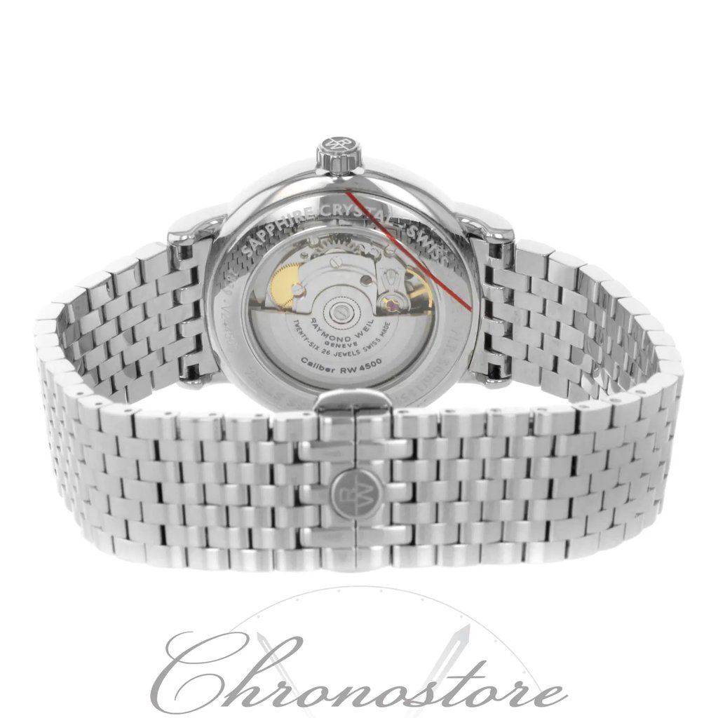 Back View Of {Caseback} Back Case And Closed Stainless Steel Band Of RAYMOND WEIL 2839-ST5-00609 Watch Pre Owned Condition