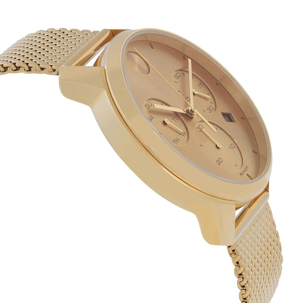 An image of a wristwatch taken from a side profile view, opposite the crown. The watch features a gold-toned case and a mesh strap. It is positioned to highlight the round face with multiple subdials, captured at a slight angle to emphasize its new condition, despite being noted as having defects. The watch is shown up close, focusing on the detailed design and craftsmanship.
