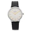 An image of a wristwatch shown from a front full frontal view. The watch features a clean, unworn design with a white textured dial and gold hour markers. It has a black leather strap and a silver case, with the brand name visible on the dial. The angle is straight-on, capturing the watch head-on at a medium distance.