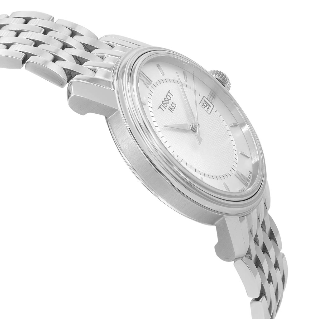 An image of a Wristwatch by Tissot. This Display Model item is designed for Men, featuring a Dress/Formal style. It has a Quartz movement and an Analog display with a Silver dial color. The indices include 12-Hour Dial,Roman Numerals,Stick Indexes. The band is made of Stainless Steel and the case is made of Stainless Steel. The watch has a Round shape with a case size of 40 mm and a case thickness of 9 mm.