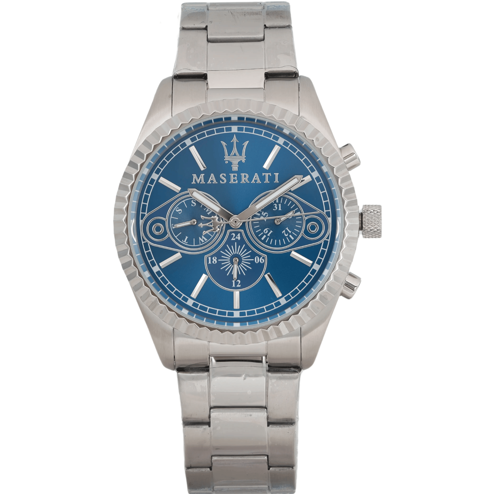 An image of a Wristwatch by Maserati. This Unworn item is designed for Men, featuring a Dress/Formal style. It has a Quartz movement and an Analog display with a Blue dial color. The indices include 12-Hour Dial,Stick Indexes. The band is made of Stainless Steel and the case is made of Stainless Steel. The watch has a Round shape with a case size of 43 mm and a case thickness of 11 mm.