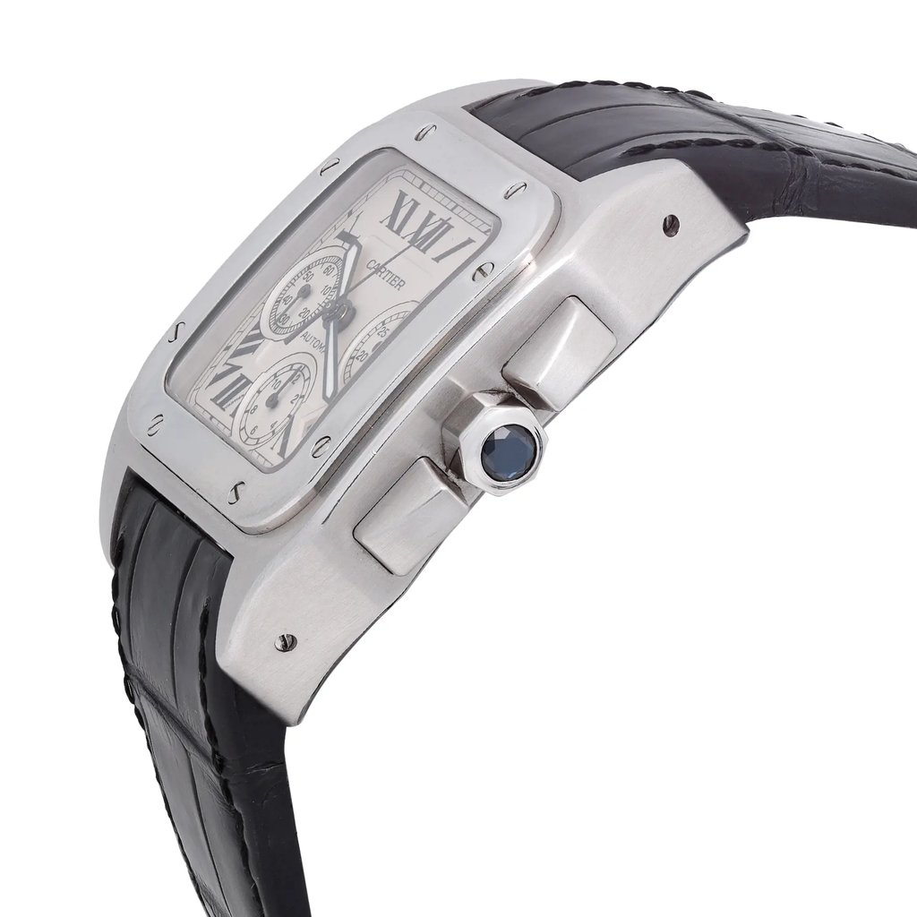 An image of a pre-owned Cartier luxury wristwatch, showcased in a close-up side profile view where the crown is clearly visible. The watch has a square stainless steel case with a steel bezel and a silver dial featuring Roman numerals, a chronograph, a date indicator, luminous hands, and a small seconds subdial. The watch is fitted with a black leather band and the crown is adorned with a blue stone, positioned on the right side of the case as viewed from this angle.