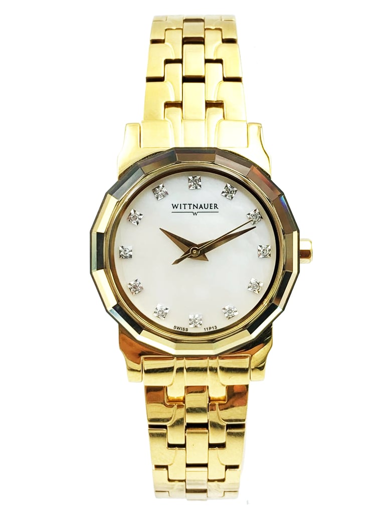 An image of a Wristwatch by Wittnauer. This Pre Owned item is designed for Women, featuring a Casual style. It has a Quartz movement and an Analog display with a White dial color. The indices include 12-Hour Dial,Diamond Markers. The band is made of Gold Plated,Stainless Steel and the case is made of Gold Plated,Stainless Steel. The watch has a Round shape with a case size of 27 mm and a case thickness of 7 mm.