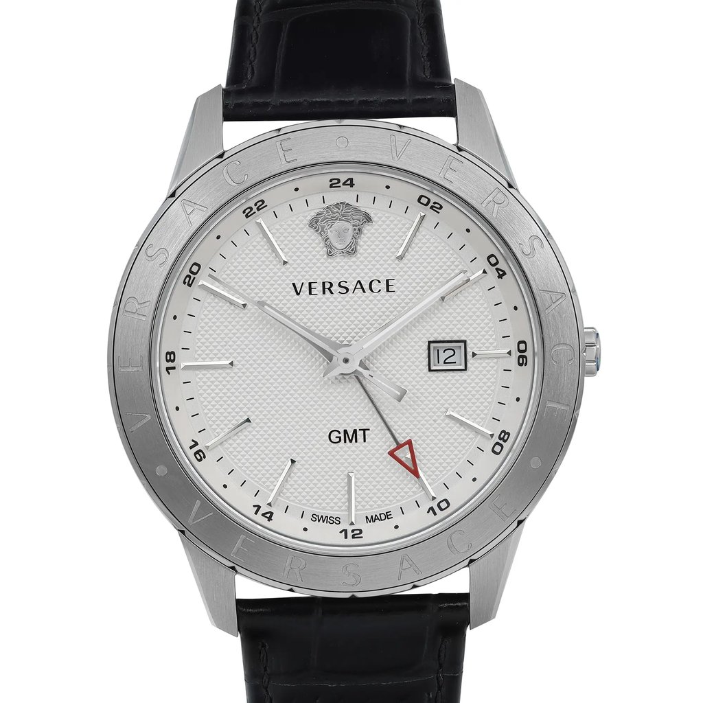 Up Close Front Facing Picture Of Versace VEBK00918 Stainless Steel Watch Display Model Condition