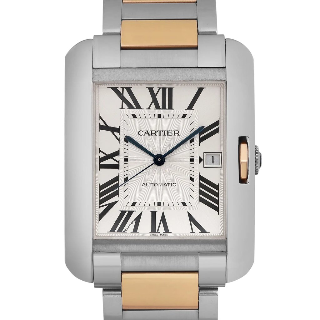 An image of a pre-owned Cartier women's wristwatch taken from a close-up, front-facing angle. The watch features a rectangular face with Roman numeral hour markers and a date indicator positioned at the 3 o'clock mark. The band consists of stainless steel with rose gold accents, showcasing a sophisticated two-tone design.