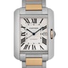 An image of a pre-owned Cartier women's wristwatch taken from a close-up, front-facing angle. The watch features a rectangular face with Roman numeral hour markers and a date indicator positioned at the 3 o'clock mark. The band consists of stainless steel with rose gold accents, showcasing a sophisticated two-tone design.
