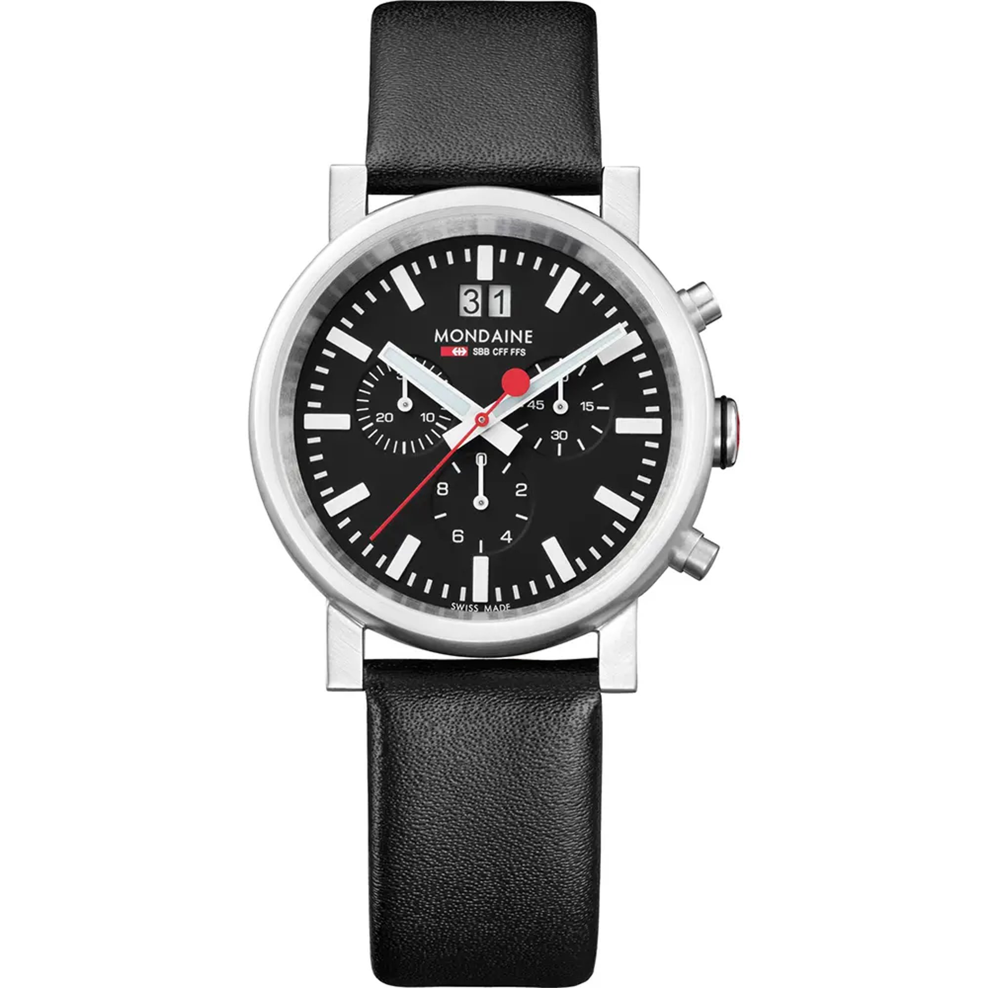 An image of a Wristwatch by Mondaine. This Display Model item is designed for Men, featuring a Classic,Dress/Formal style. It has a Quartz movement and an Analog display with a Black dial color. The indices include 12-Hour Dial,Non-Numeric Hour Marks,Stick Indexes. The band is made of Leather and the case is made of Stainless Steel. The watch has a Round shape with a case size of 40 mm and a case thickness of 11 mm.