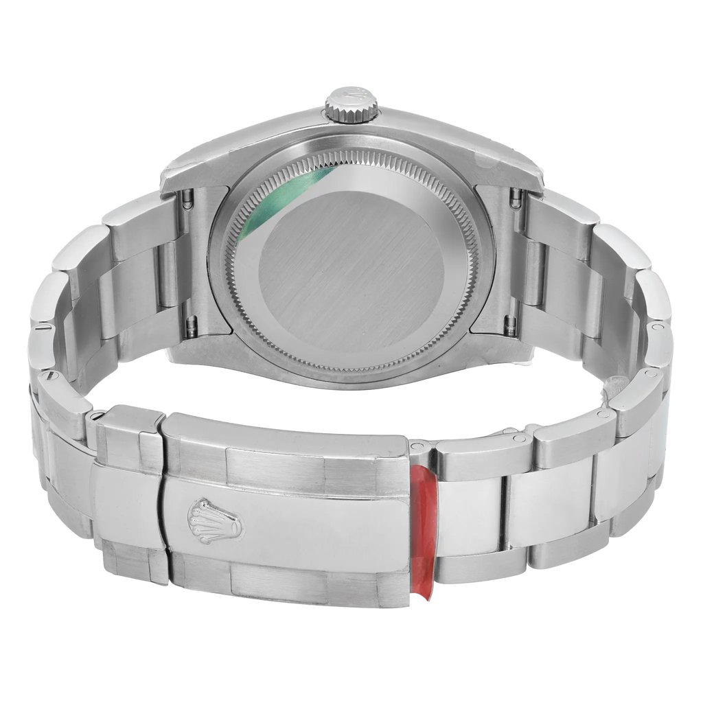 Back View Of Solid Back Case And Closed Stainless Steel Band Of Rolex 116200 sfao Watch Unworn Condition