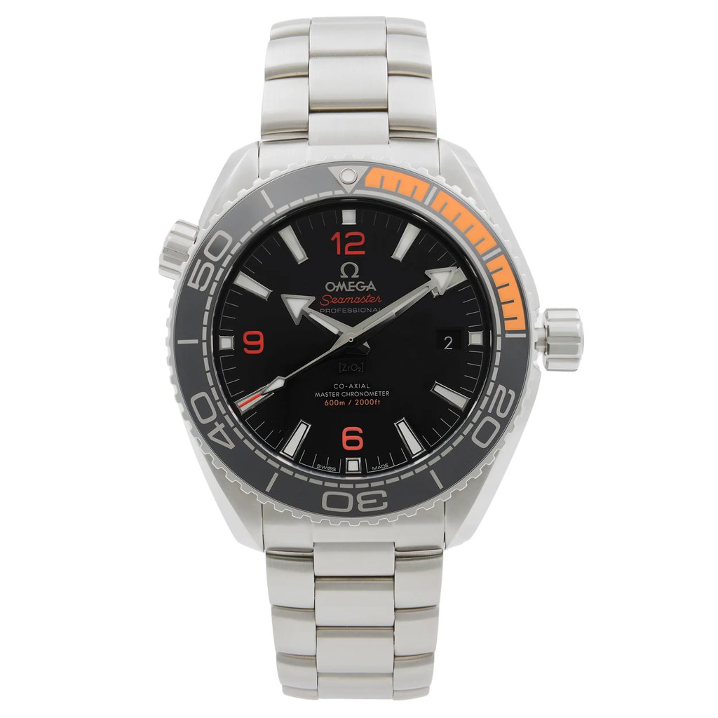 An image of a Wristwatch by Omega . This Display Model item is designed for Men, featuring a Luxury style. It has a Mechanical (Automatic) movement and an Analog display with a Black dial color. The indices include 12-Hour Dial,Arabic Numerals,Non-Numeric Hour Marks. The band is made of Stainless Steel and the case is made of Stainless Steel. The watch has a Round shape with a case size of 44 mm and a case thickness of 16 mm.