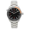 An image of a Wristwatch by Omega . This Display Model item is designed for Men, featuring a Luxury style. It has a Mechanical (Automatic) movement and an Analog display with a Black dial color. The indices include 12-Hour Dial,Arabic Numerals,Non-Numeric Hour Marks. The band is made of Stainless Steel and the case is made of Stainless Steel. The watch has a Round shape with a case size of 44 mm and a case thickness of 16 mm.