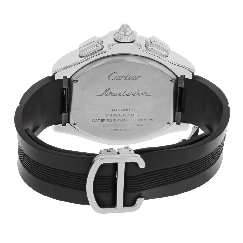 An image of a pre-owned wristwatch viewed from the back, showcasing the closed clasp. The angle focuses on the stainless steel case back, highlighting engraved details such as "Cartier Roadster" and specifications about its automatic movement and water resistance. The black band and clasp are prominently displayed, indicating its pre-owned condition. The image is taken from a close distance, emphasizing the watch's features.